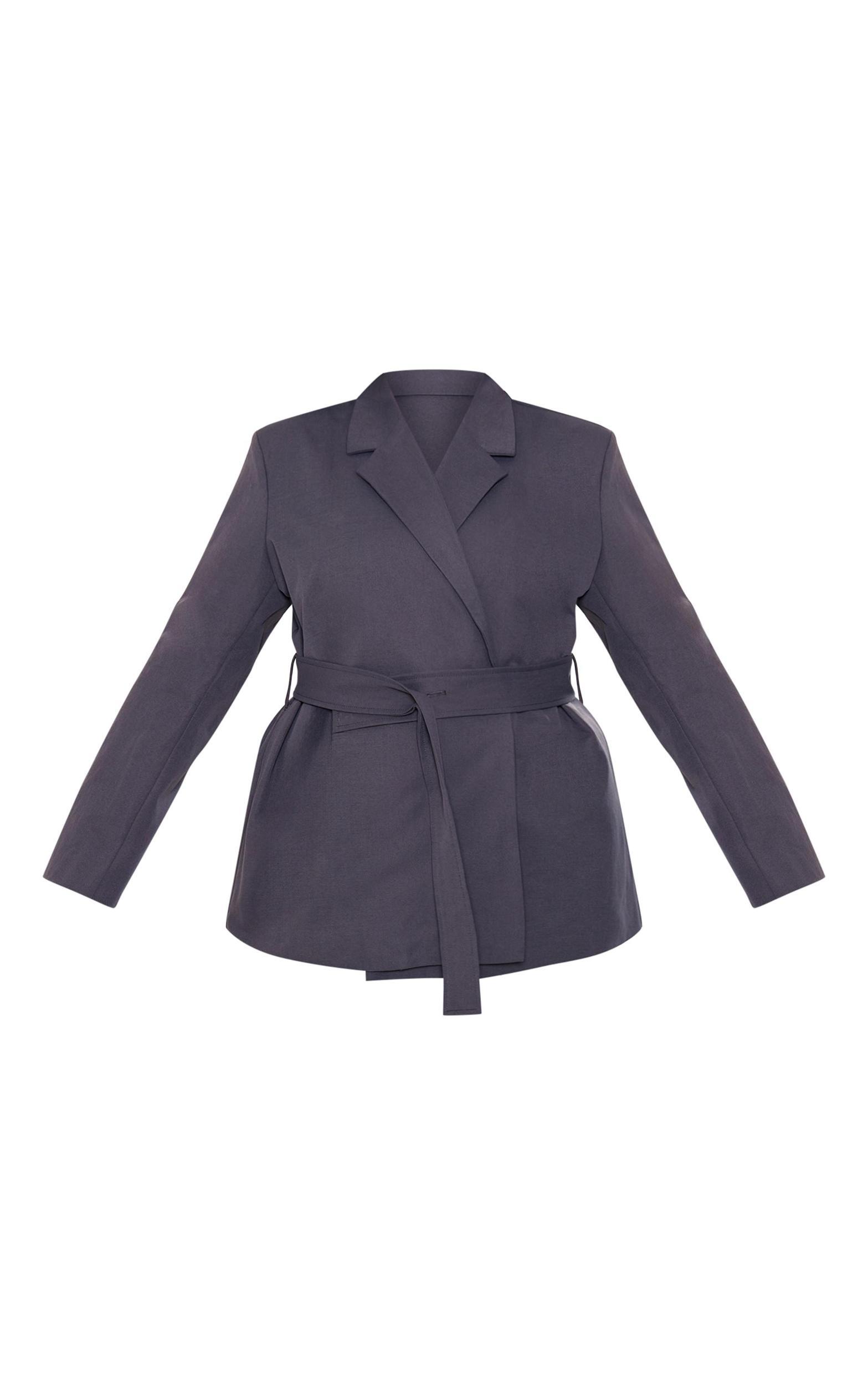 Plus Charcoal Wide Belted Waist Blazer Product Image