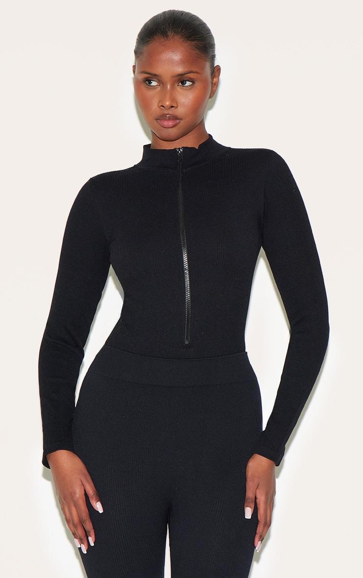 Black Snatched Rib Zip Up Long Sleeve Bodysuit Product Image