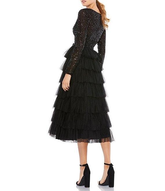 Mac Duggal Tiered Ruffle Crew Neck Long Sleeve Midi Dress Product Image