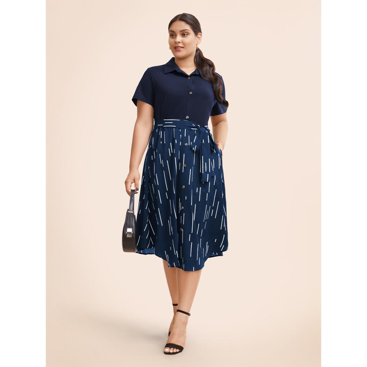 Plus Size Striped Patchwork Button Detail Belted Dress DarkBlue Women Workwear Essentials Belted Shirt collar Short sleeve Curvy BloomChic 14-16/1X Product Image