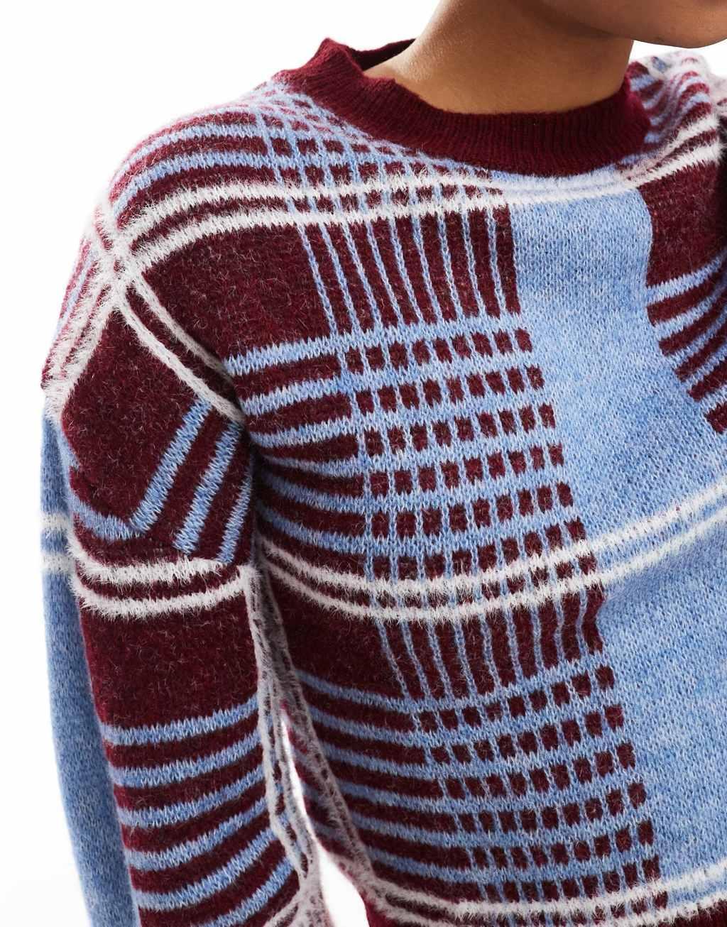 Pull&Bear plaid print knit sweater in blue and burgundy Product Image