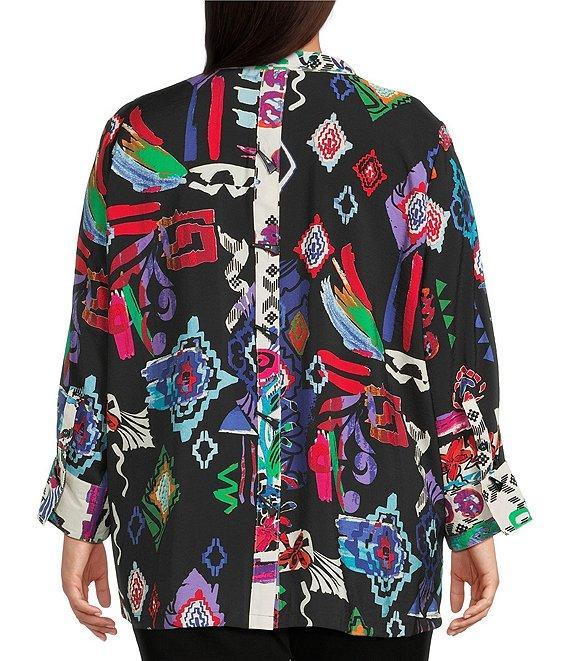 Ali Miles Plus Size Abstract Printed Woven Wire Collar 3/4 Sleeve Button Front Tunic Product Image