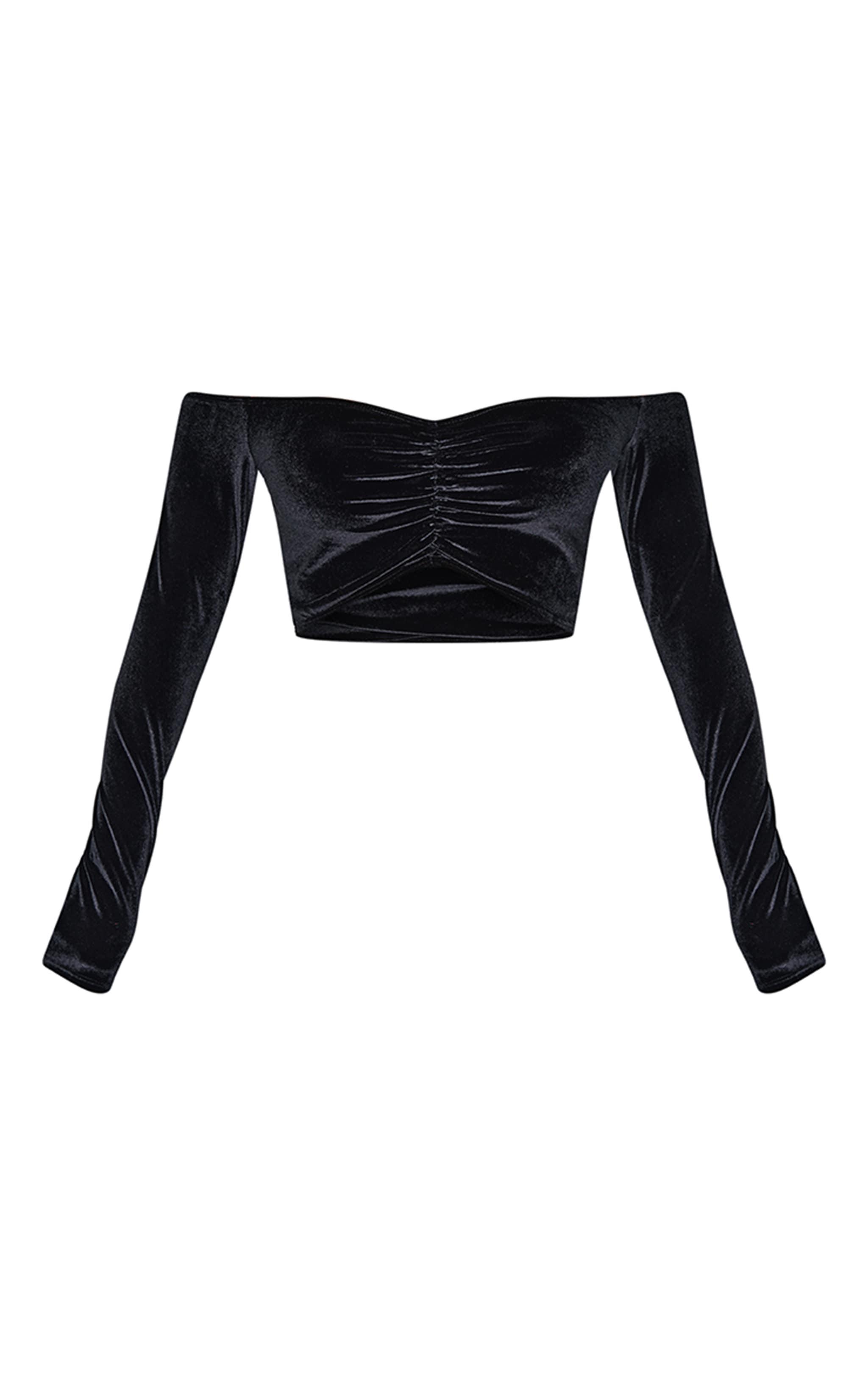 Shape Black Velour Bardot Ruched Sleeve Crop Top Product Image