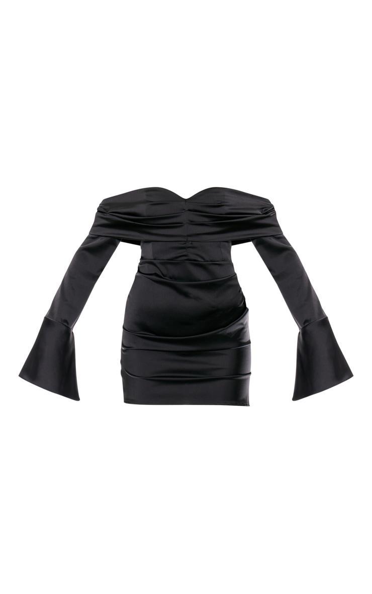 Black Satin Bardot Ruched Long Sleeve Mini Dress Product Image