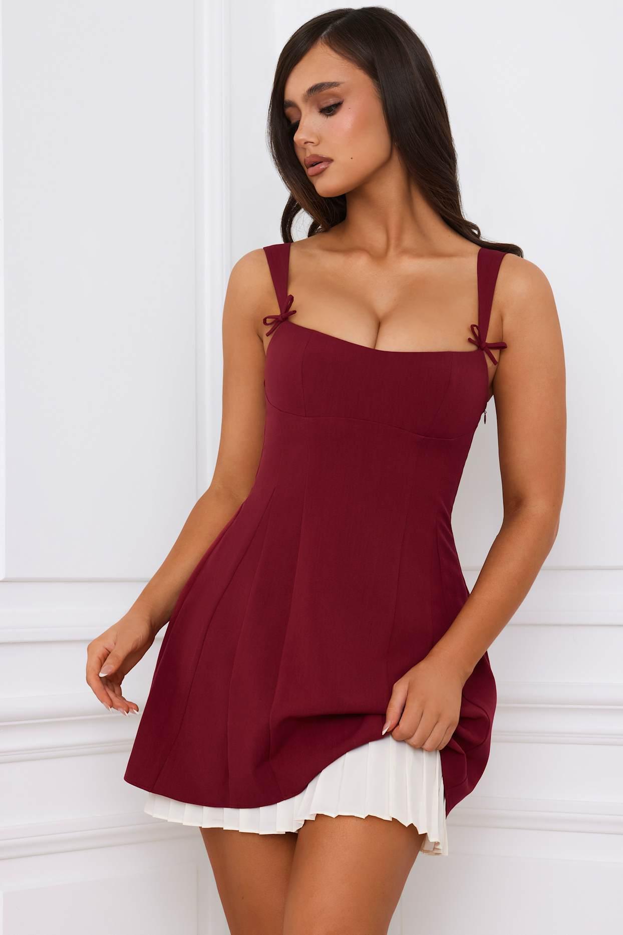 Bow-Detail Pleated A-Line Mini Dress in Berry Red Product Image