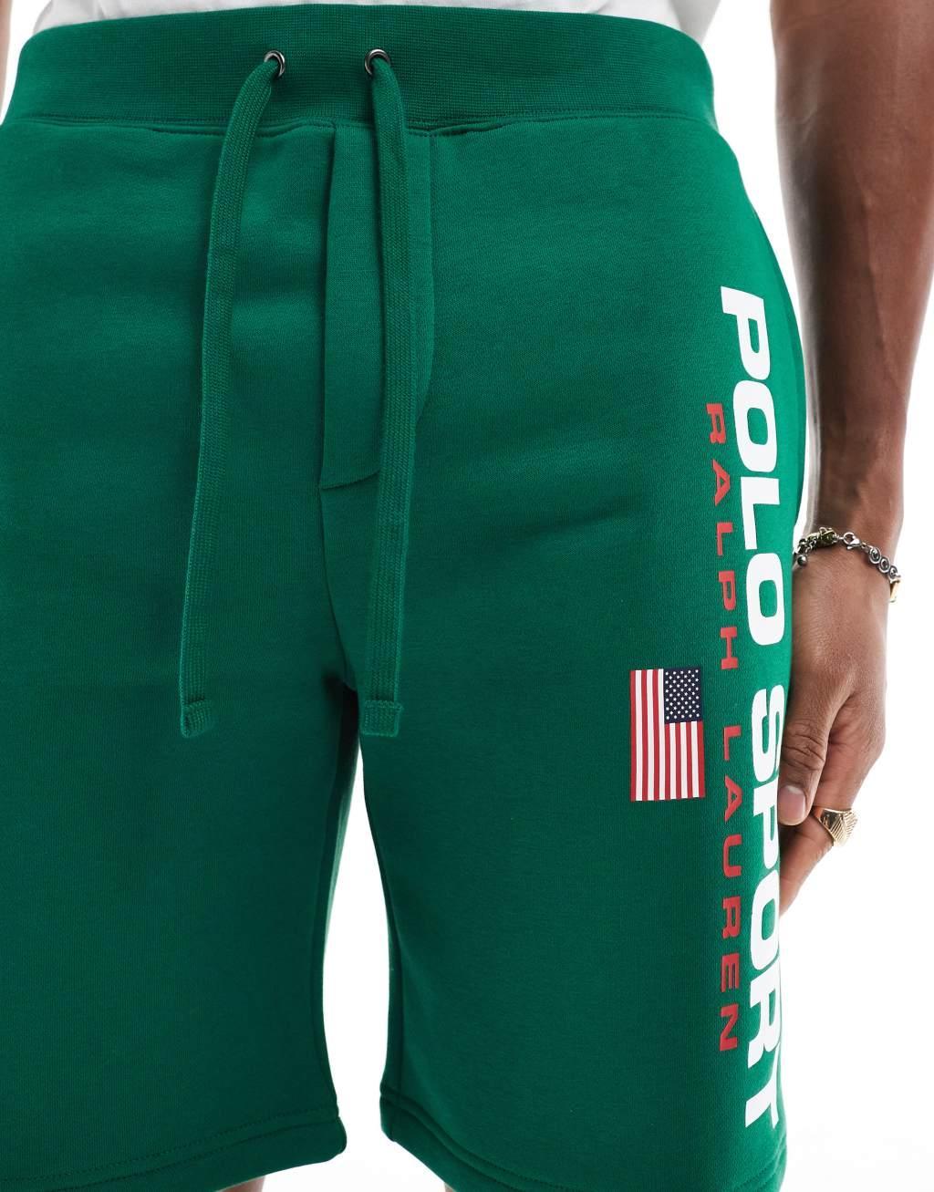 Polo Ralph Lauren Sport capsule large flag logo sweatshirt fabric shorts in mid green - part of a set Product Image