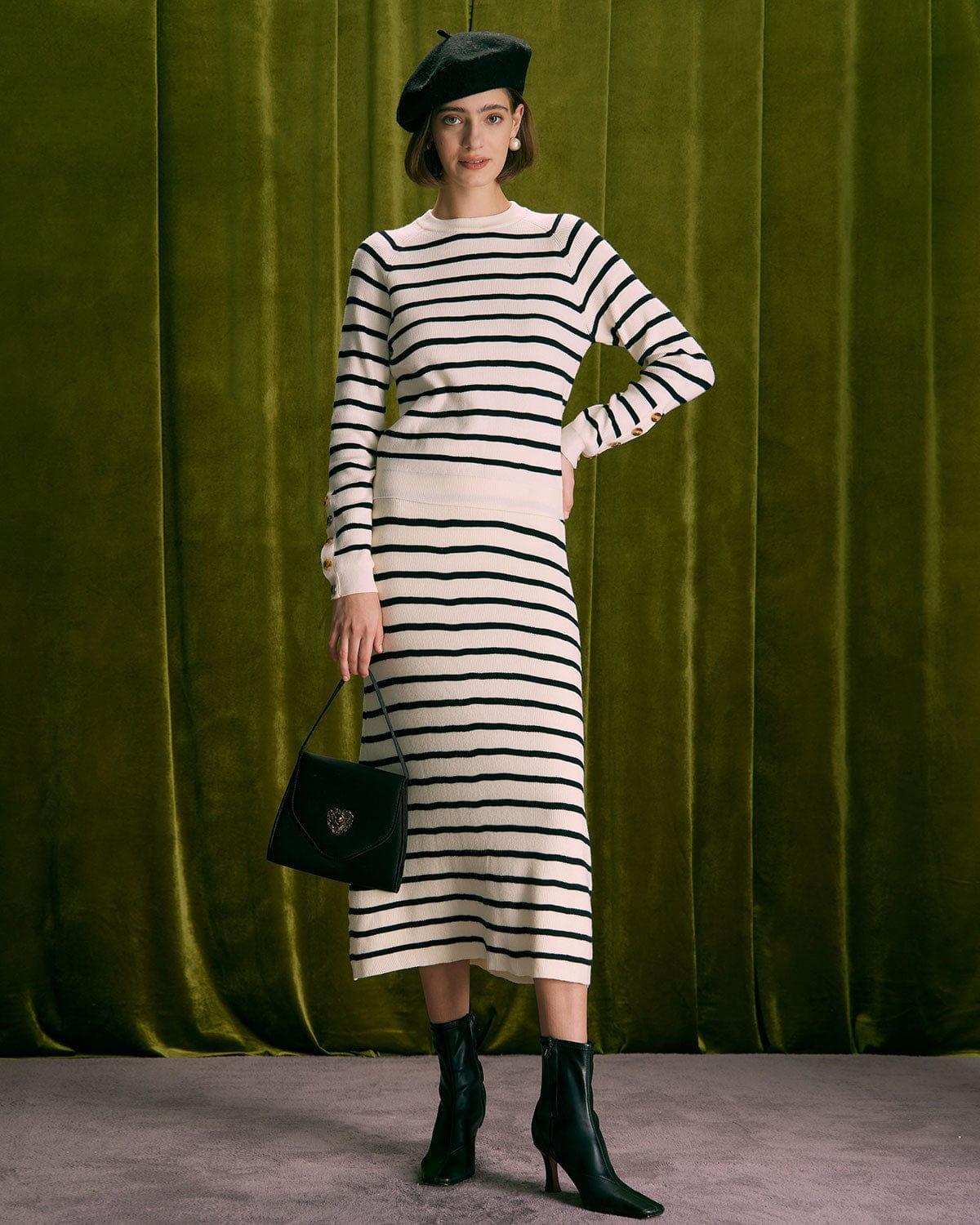 The Beige Elastic Waist Striped Knit Midi Skirt Product Image