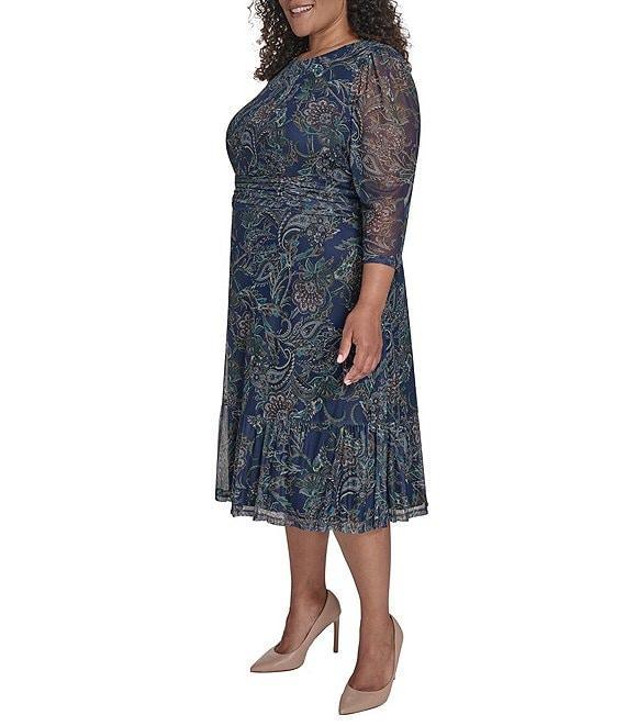 Jessica Howard Plus Size Floral Mesh Ruched Waist Midi Dress Product Image