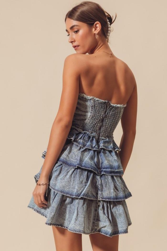 Strapless Ruffle Layered Denim Dress Product Image