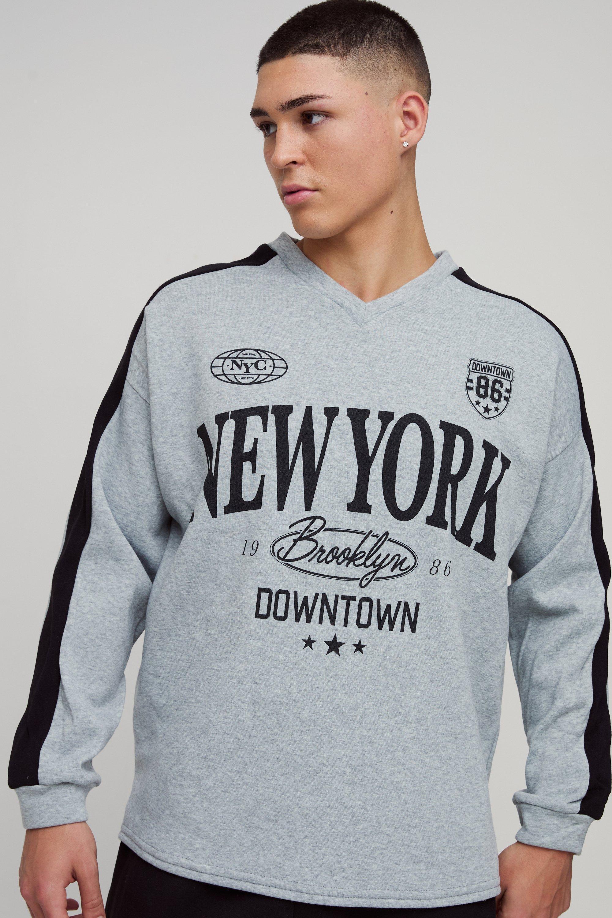 Oversized V Neck Contrast Panel New York Sweatshirt | boohooMAN USA Product Image