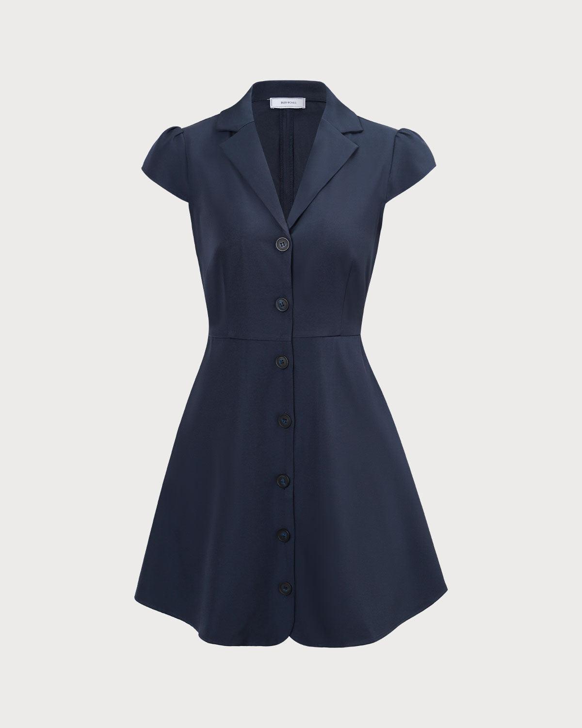The Navy Lapel Cap Sleeve Button-up Mini Dress Product Image