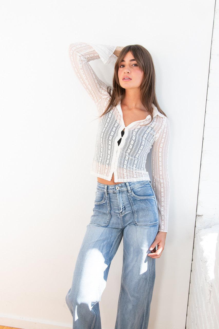 Long Sleeve Lace Button Up Shirt Product Image