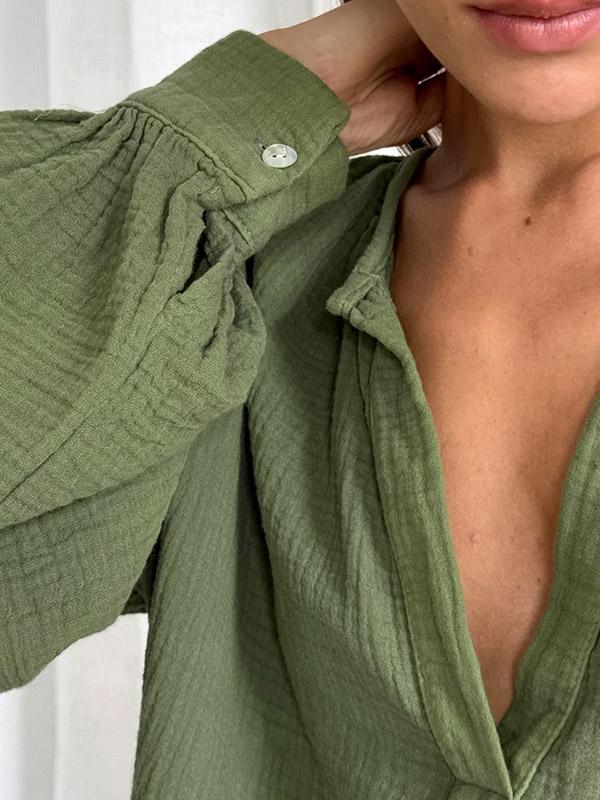 Loose Puff Sleeves Pleated Solid Color Split-Joint V-Neck Blouses&Shirts Tops Product Image