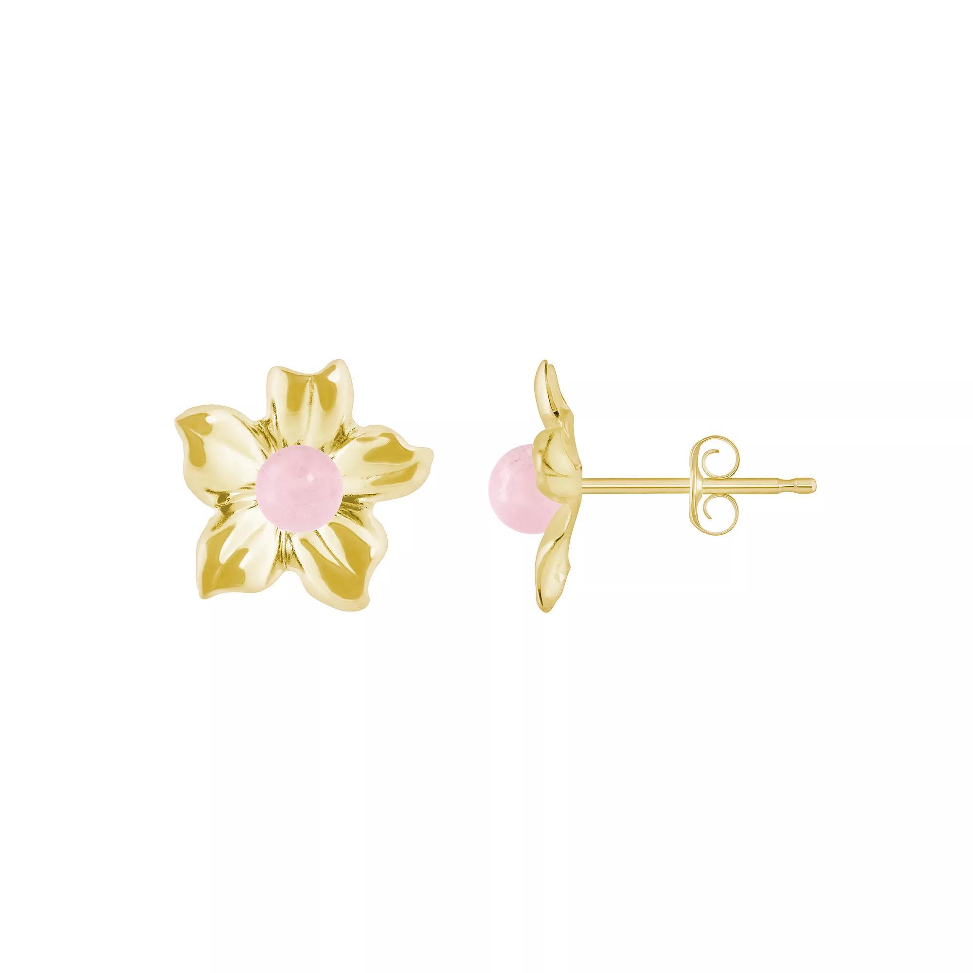 Celebration Gems 10k Gold Sphere Gemstone Hibiscus Flower Stud Earrings, Women's, Pink Quartz Product Image