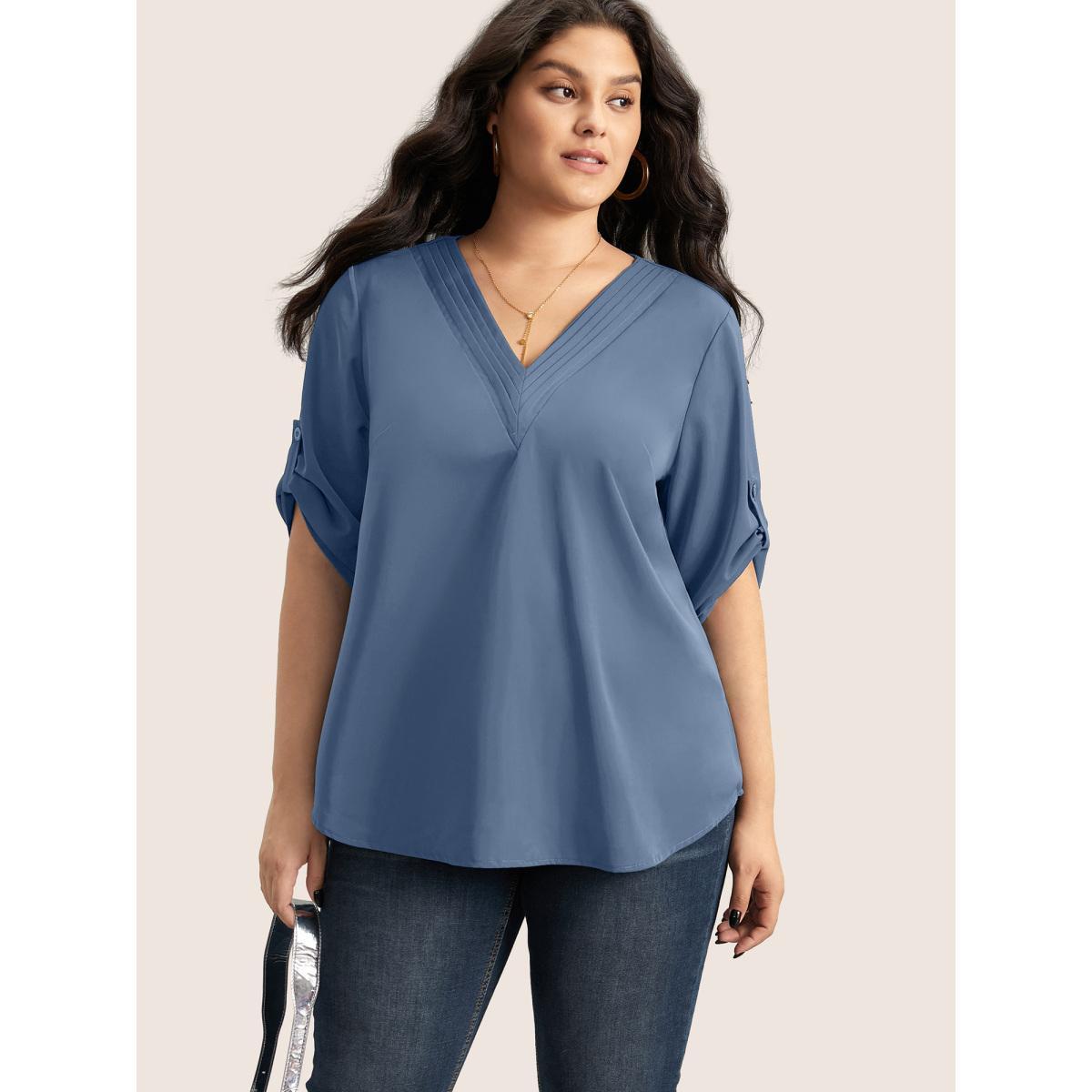 Plus Size Stone V Neck Plain Pleated Tab Sleeve Blouse Women Office Elbow-length sleeve V-neck Office Blouses BloomChic 12/L Product Image