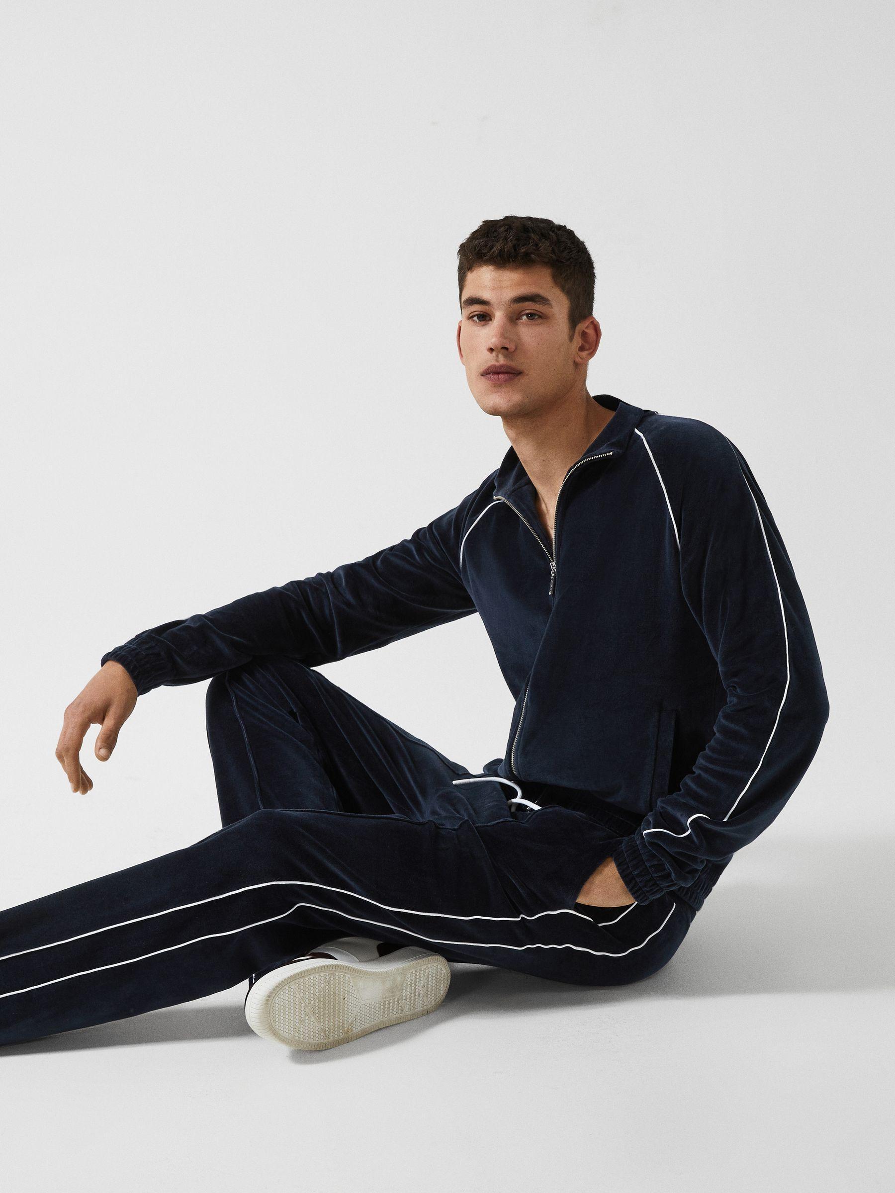 Velour Jogger With Piping in Navy Product Image