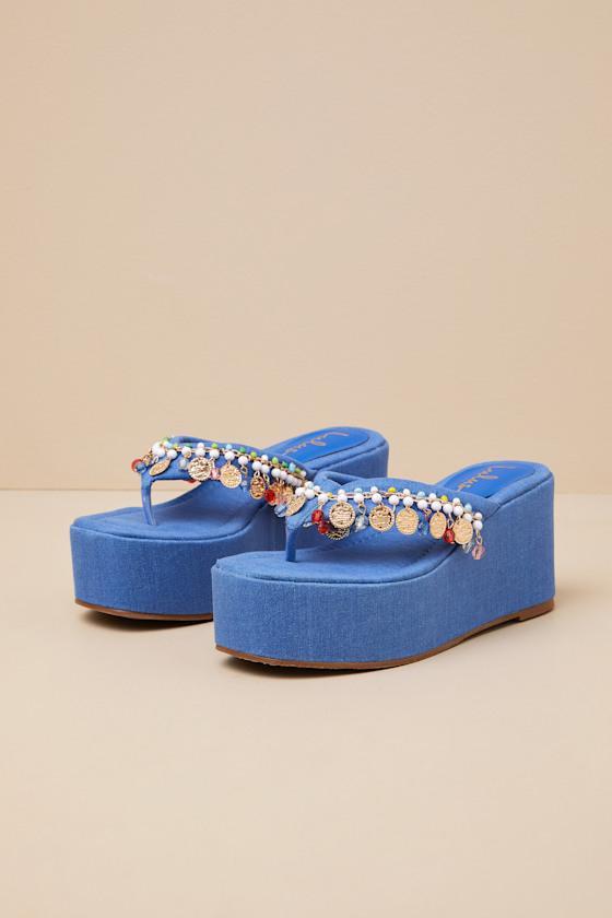 Tassilo Denim Embellished Flatform Thong Sandals Product Image
