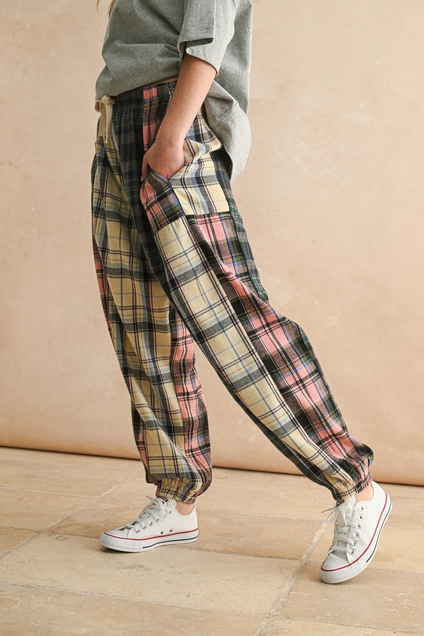 Mixed Plaid Patchwork Relaxed Pants Product Image