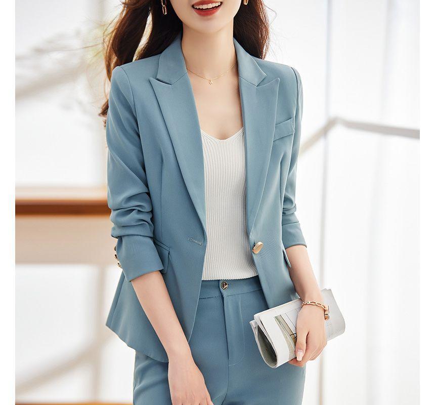 Plain One Buttoned Blazer / High Rise Straight Leg Suit Pants / Set Product Image