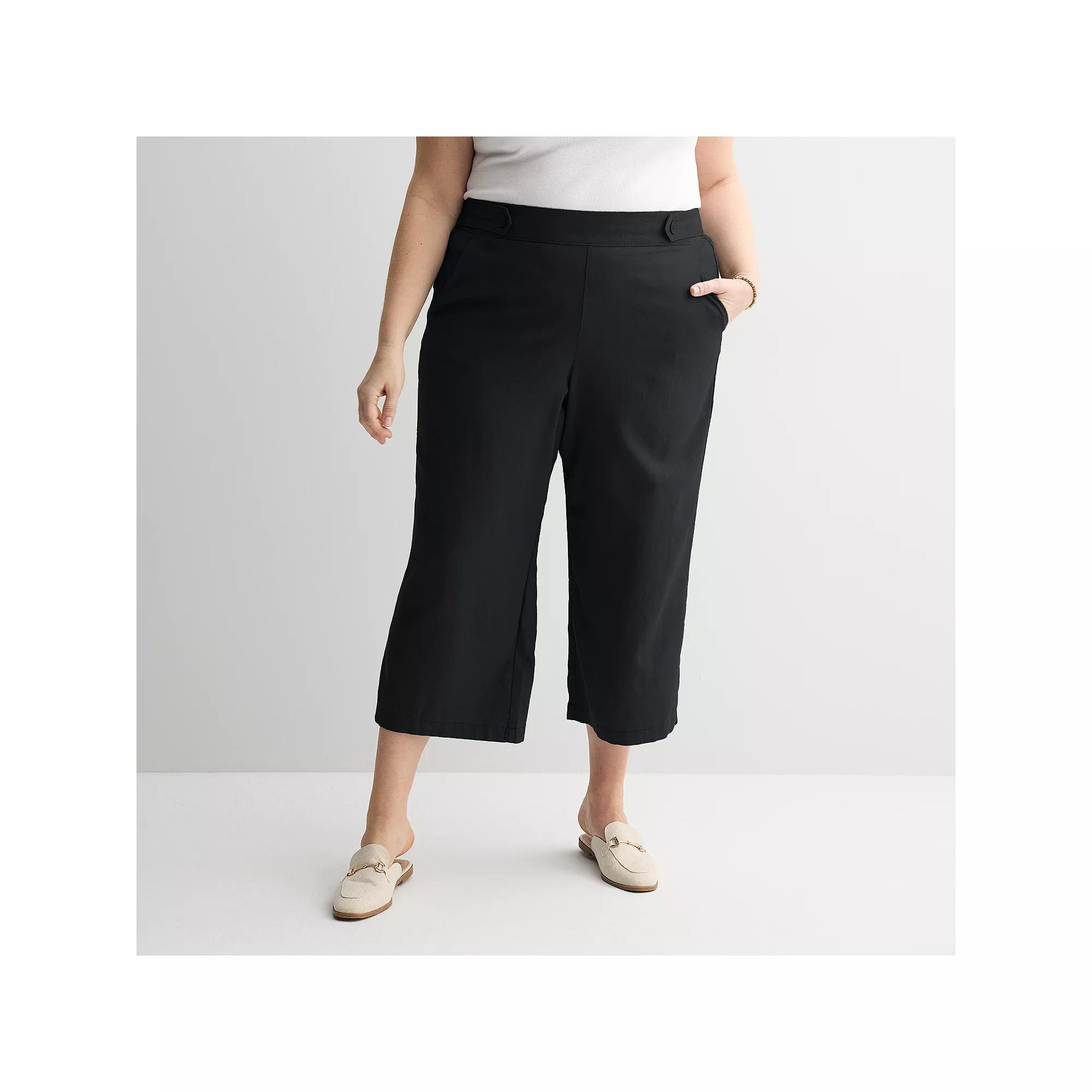 Plus Size Croft & Barrow® Button-Tab Pull-On Wide Leg Crop Pants, Women's, Size: 3XL, Mineral Black Product Image