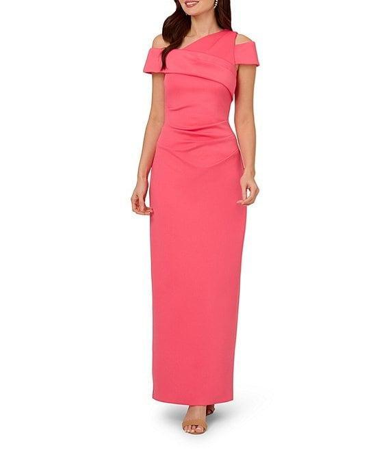Adrianna Papell Asymmetrical Neck Side Ruched Scuba Column Gown Product Image