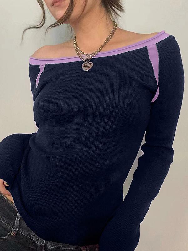 Contrast Color Off Shoulder Long Sleeve Tee Product Image