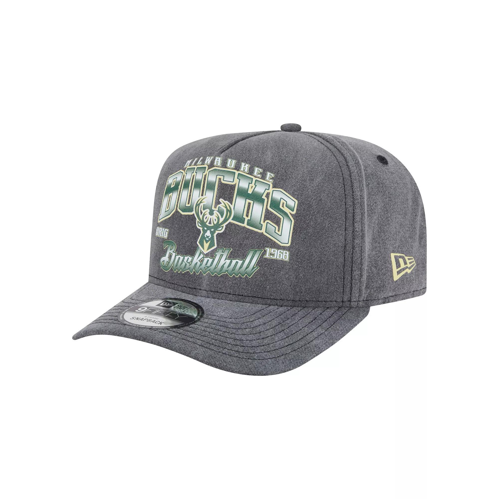 Men's New Era Charcoal Milwaukee Bucks Throwback Washed Pre-Curved 9FIFTY Snapback Hat Product Image