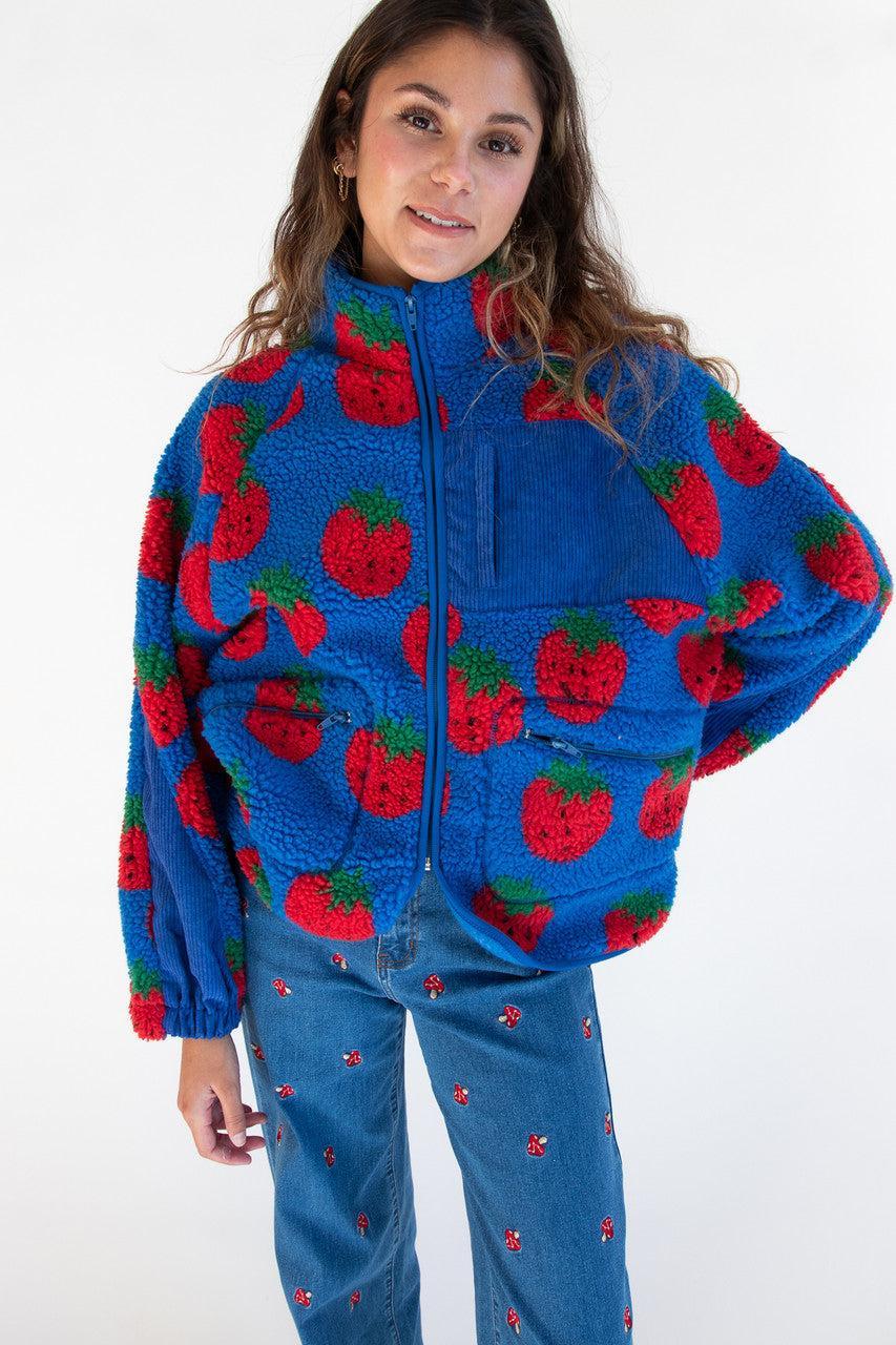 Fruit Pattern Corduroy Detail Faux Sherpa Jacket Product Image