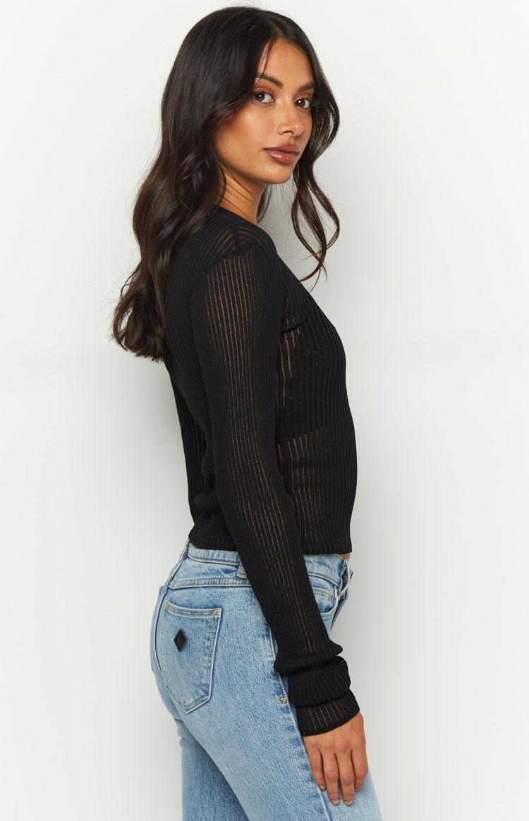 Gems Black Sheer Knit Long Sleeve Top Product Image