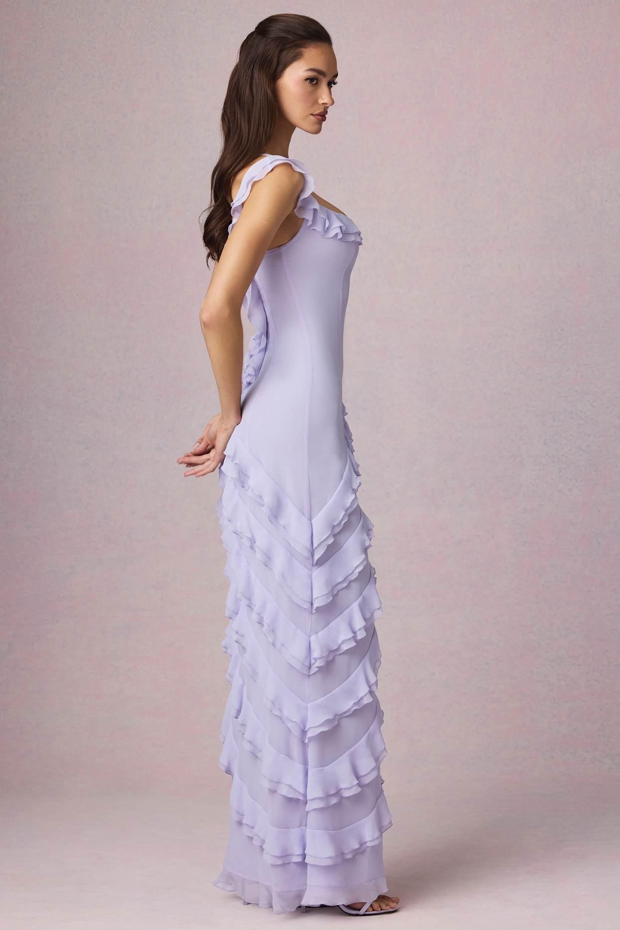 Asymmetric Ruffled Lace-Up Gown in Lilac Product Image
