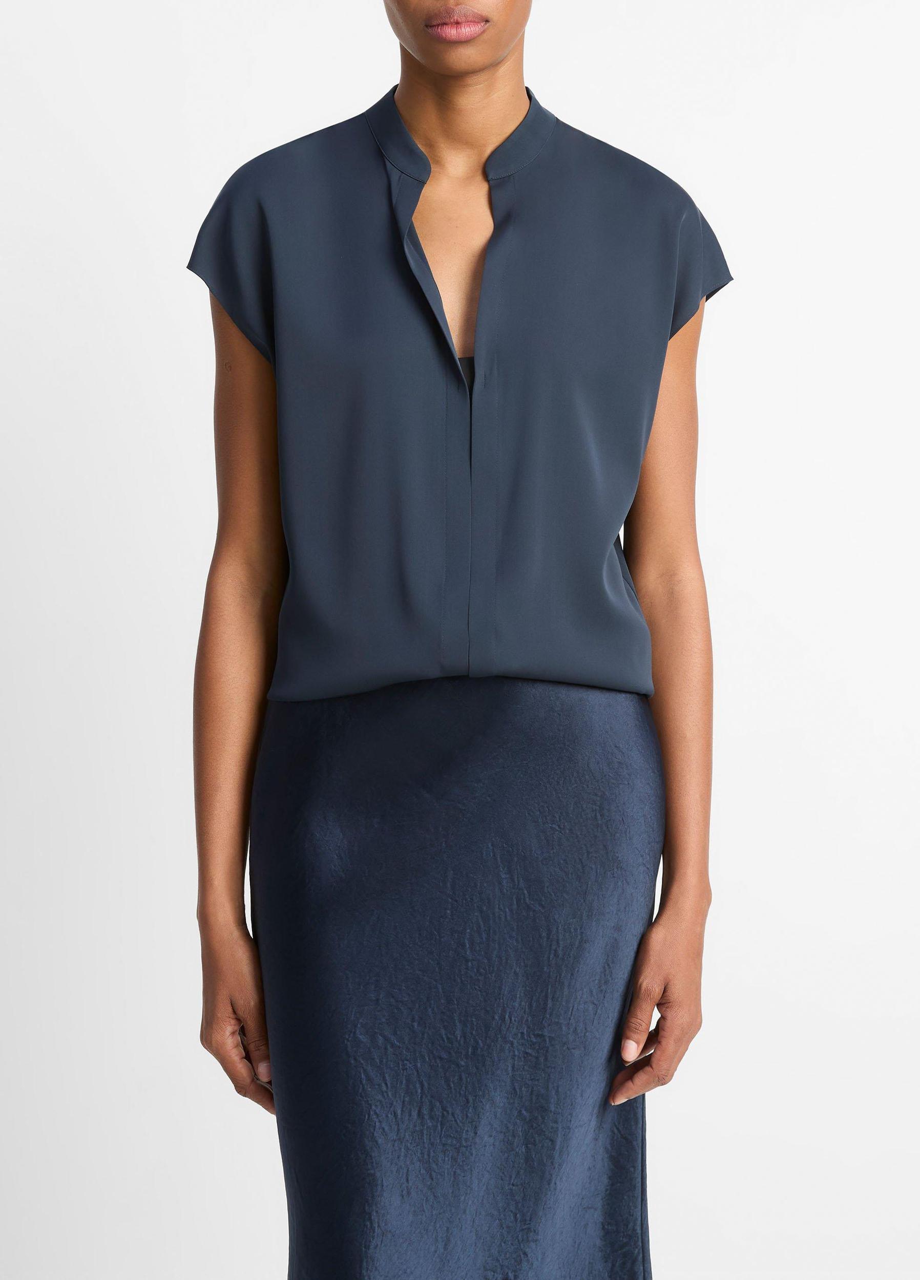 Contrast-Placket Stretch-Silk Cap-Sleeve Blouse Product Image