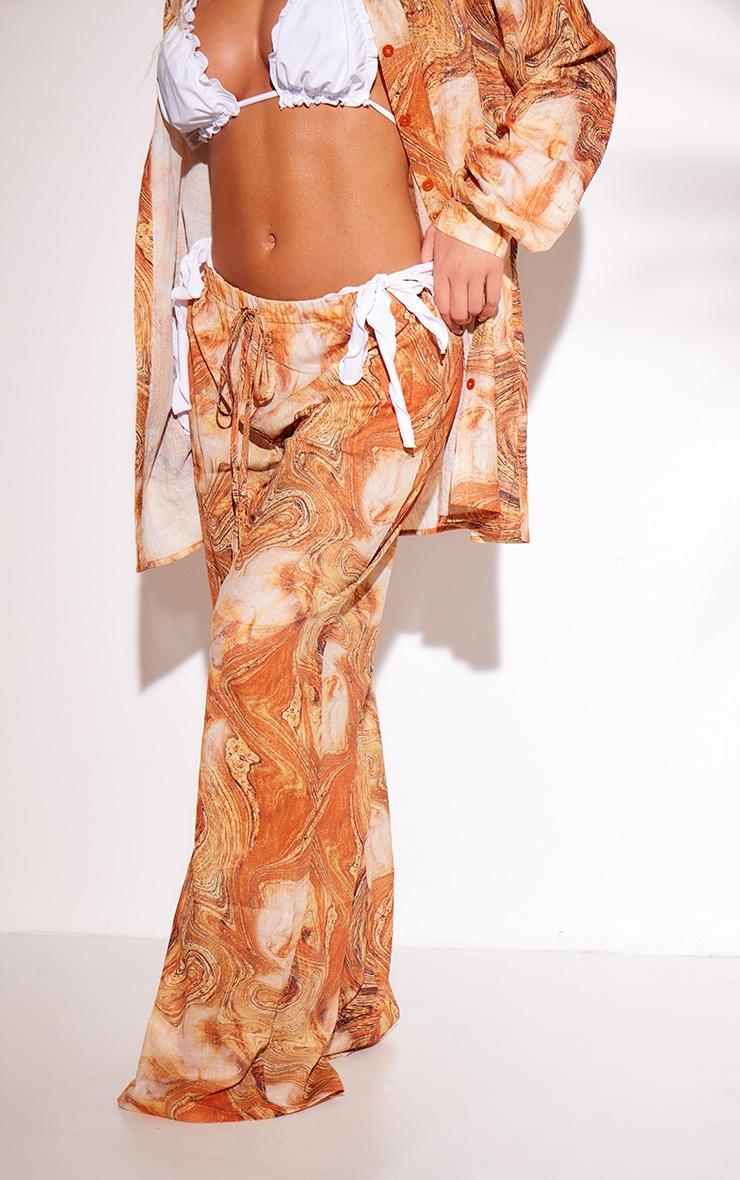 Orange Marble Print Wide Leg Crinkle Textured Beach Pants  Product Image