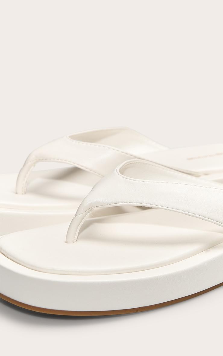 White Pu Round Toe Thong Flatform Sandals Product Image