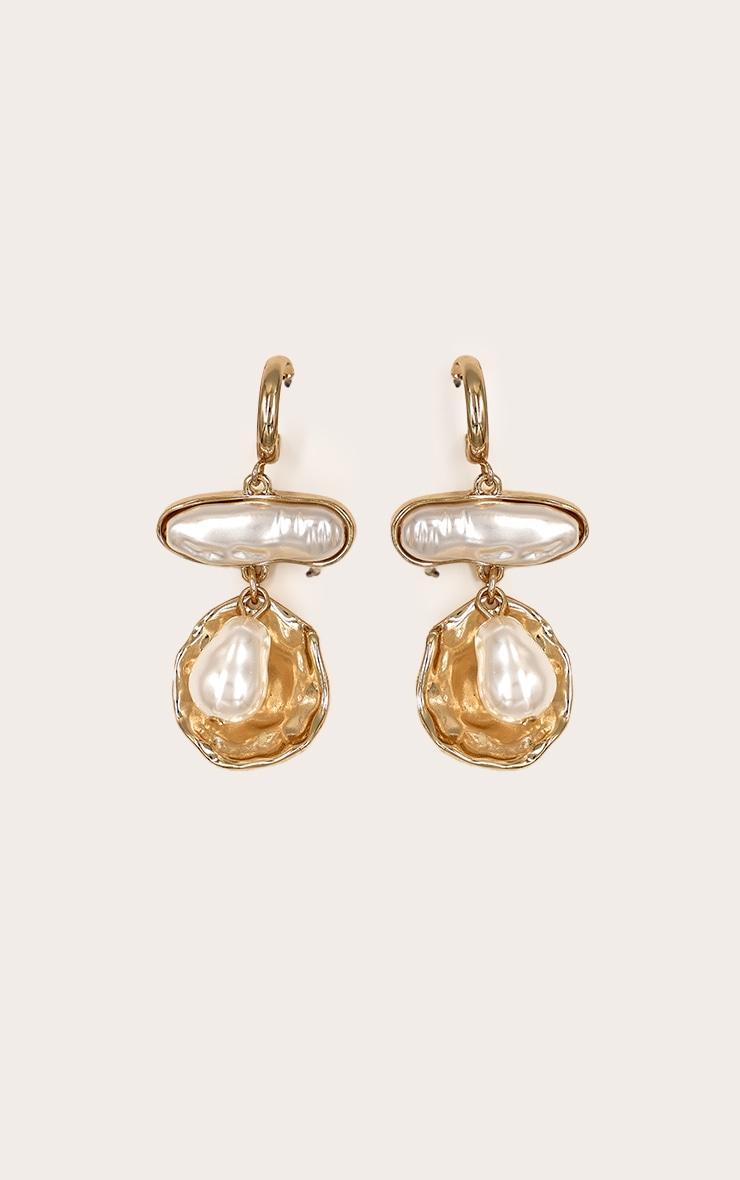 Gold Textured Draped Earring With Pearl Detail Product Image