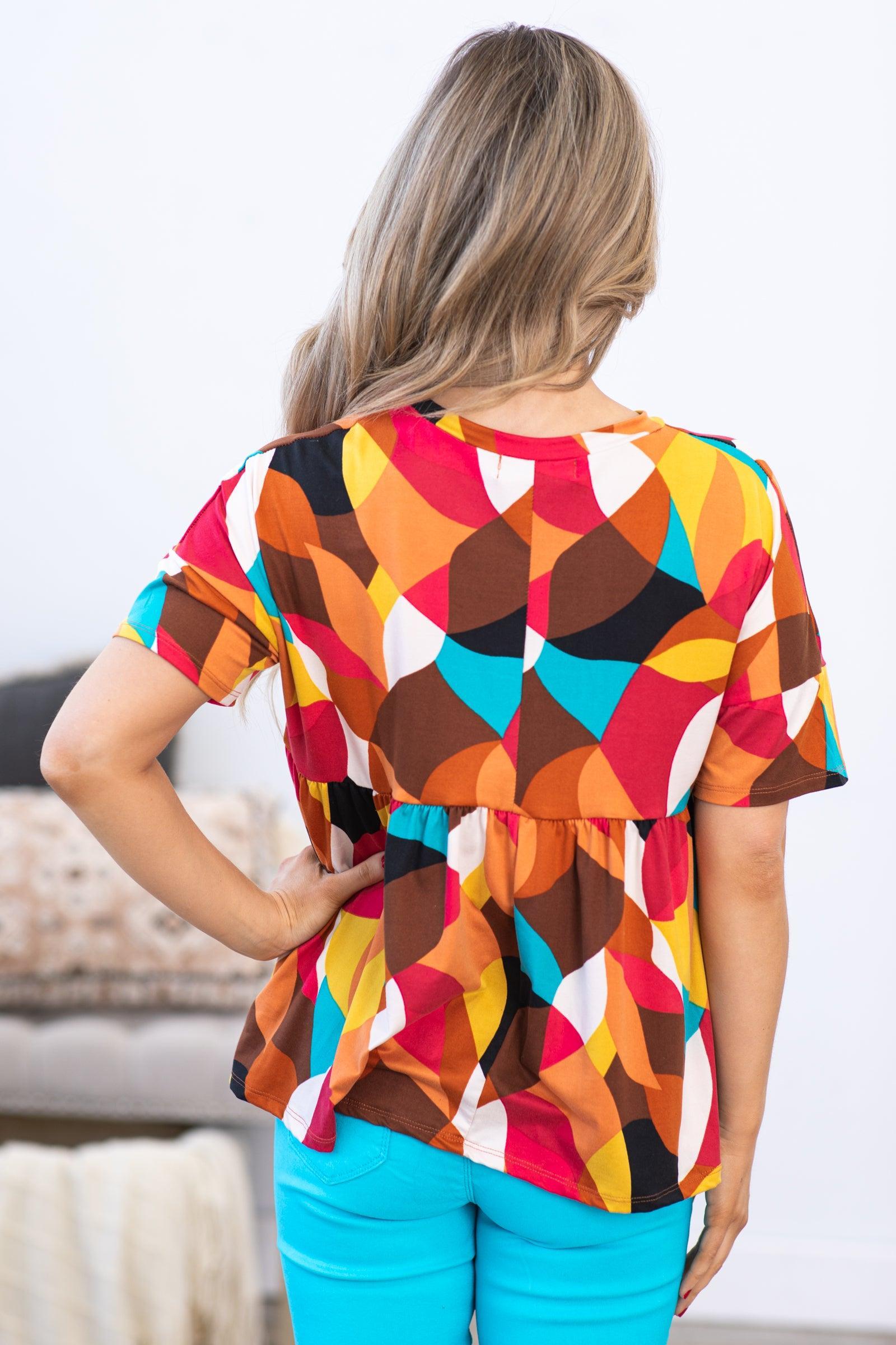 Orange Multicolor Geo Print Babydoll Top Product Image
