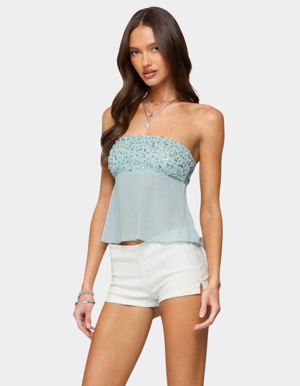 EDIKTED Beadie Sheer Chiffon Strapless Top - LIGHT BLUE Product Image