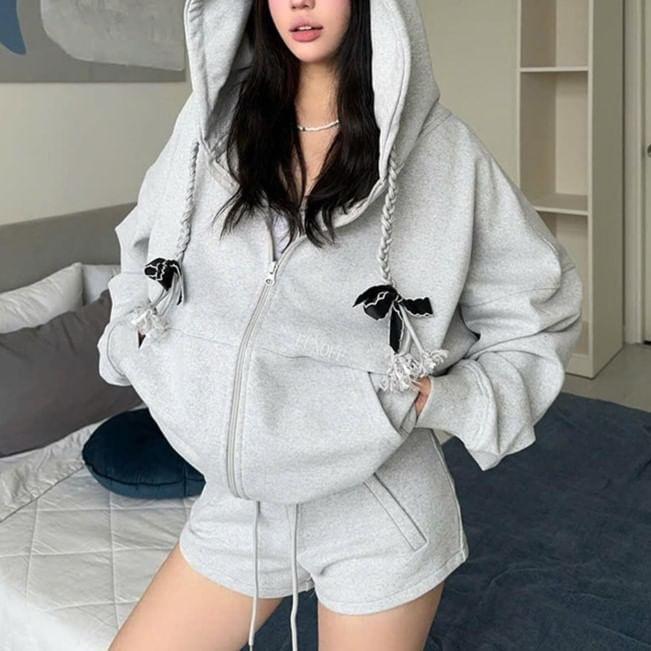 Plain Bow Zip Hoodie Product Image