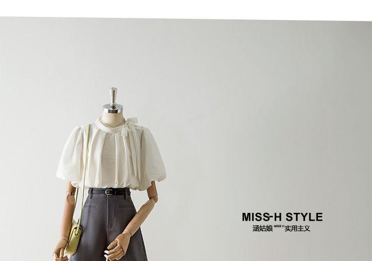 Short-Sleeve Tie-Neck Plain Blouse Product Image