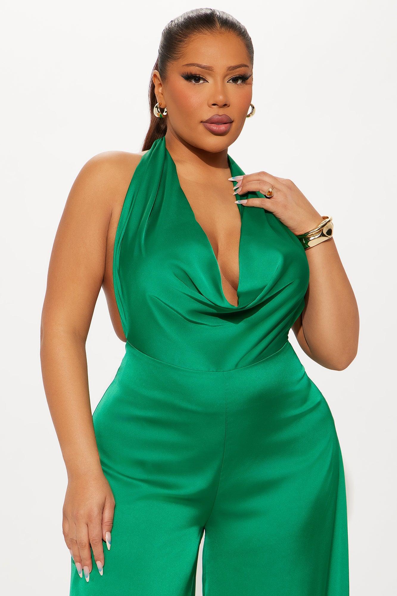 Sun and Sips Solid Satin Jumpsuit - Green Female Product Image