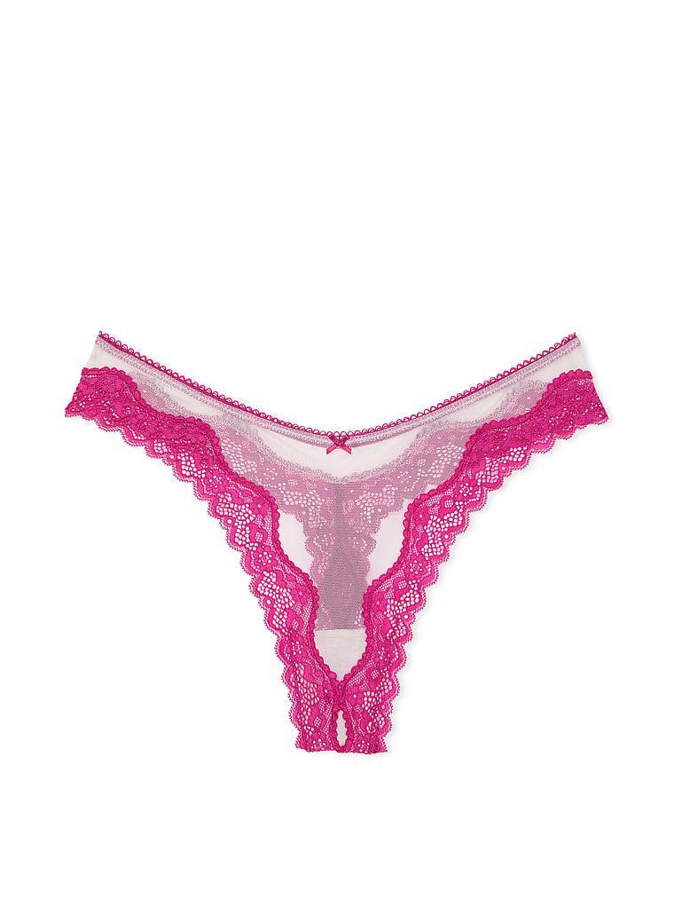 Tease Mesh Lace-Trim High-Leg Thong Panty Product Image