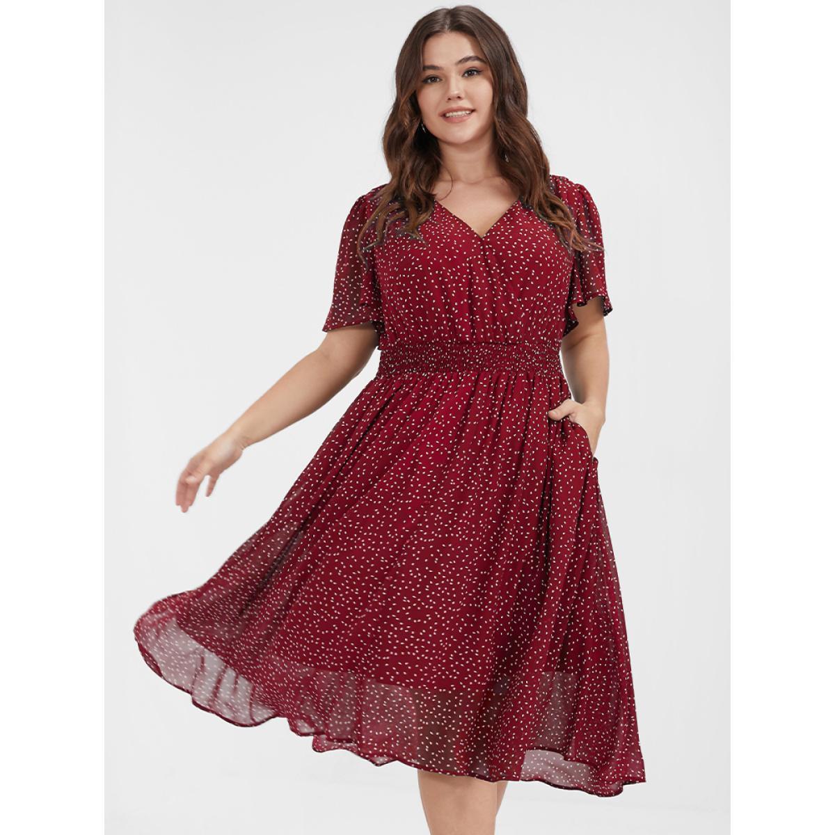 Polka Dot Button Pocket Shirred Ruffles Wrap Dress Product Image