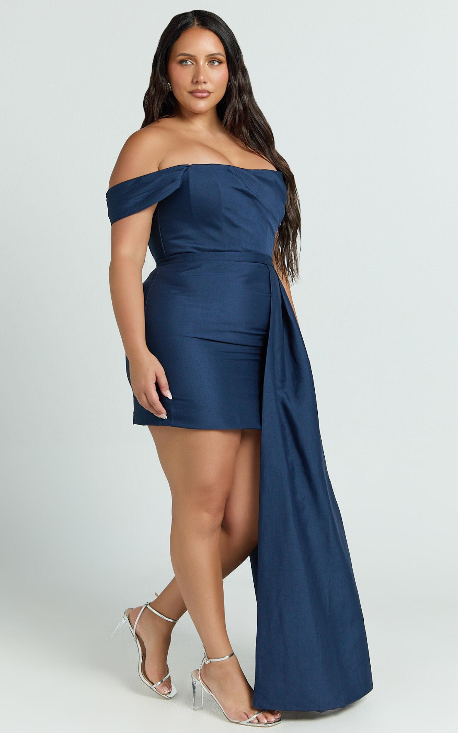 Stefania Mini Dress - Asymmetrical Removable Skirt Ruched Strapless Bodycon Dress in Navy Product Image