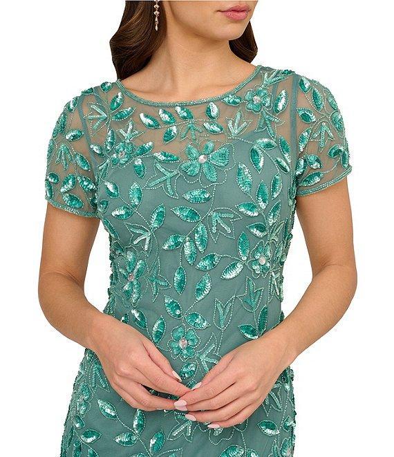Adrianna Papell Round Neck Short Sleeve Floral Beaded Mesh Godet Fit and Flare Gown Product Image
