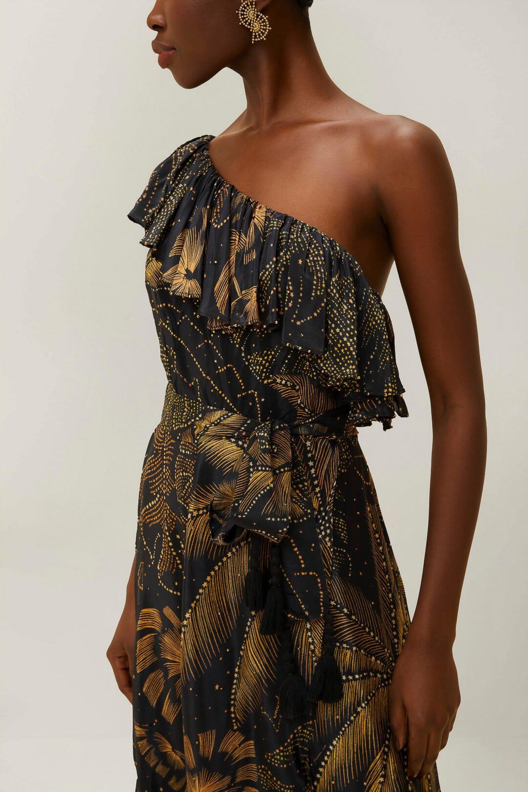 Black Golden Foliage One-Shoulder Maxi Dress, GOLDEN FOLIAGE BLACK / XXS Product Image