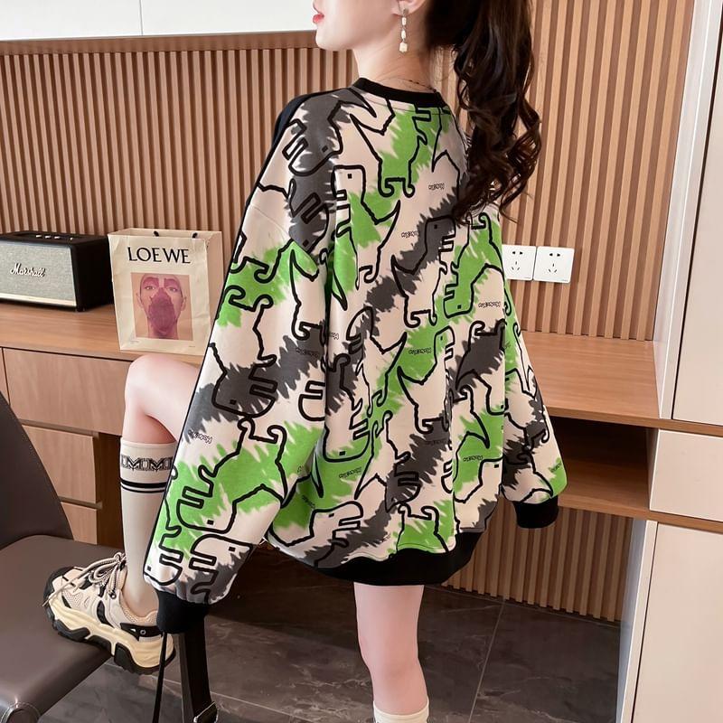 Crew Neck Dinosaur Print Oversized Pullover Product Image