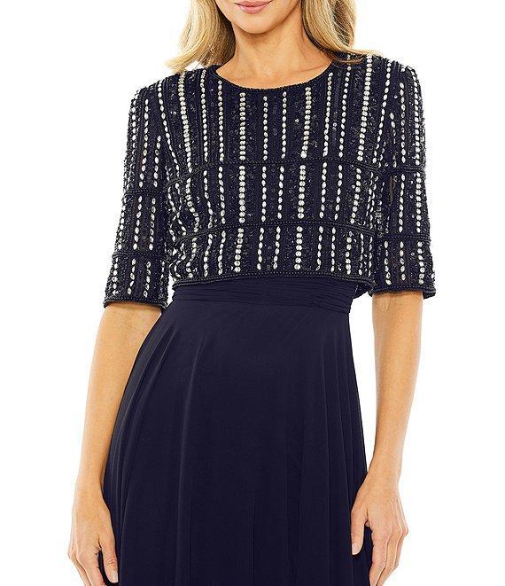 Mac Duggal Crew Neck Half Sleeve Beaded Bodice A-Line Gown Product Image