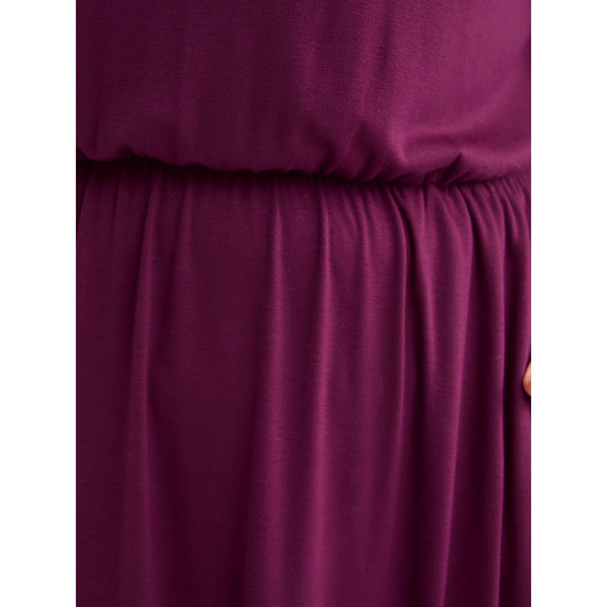 Plus Size Solid Frill Trim Shirred Lantern Sleeve Pocket Flutter Maxi Dress Purple Women Elegant Pocket Round Neck Long Sleeve Curvy Long Dress BloomChic 10/M Product Image