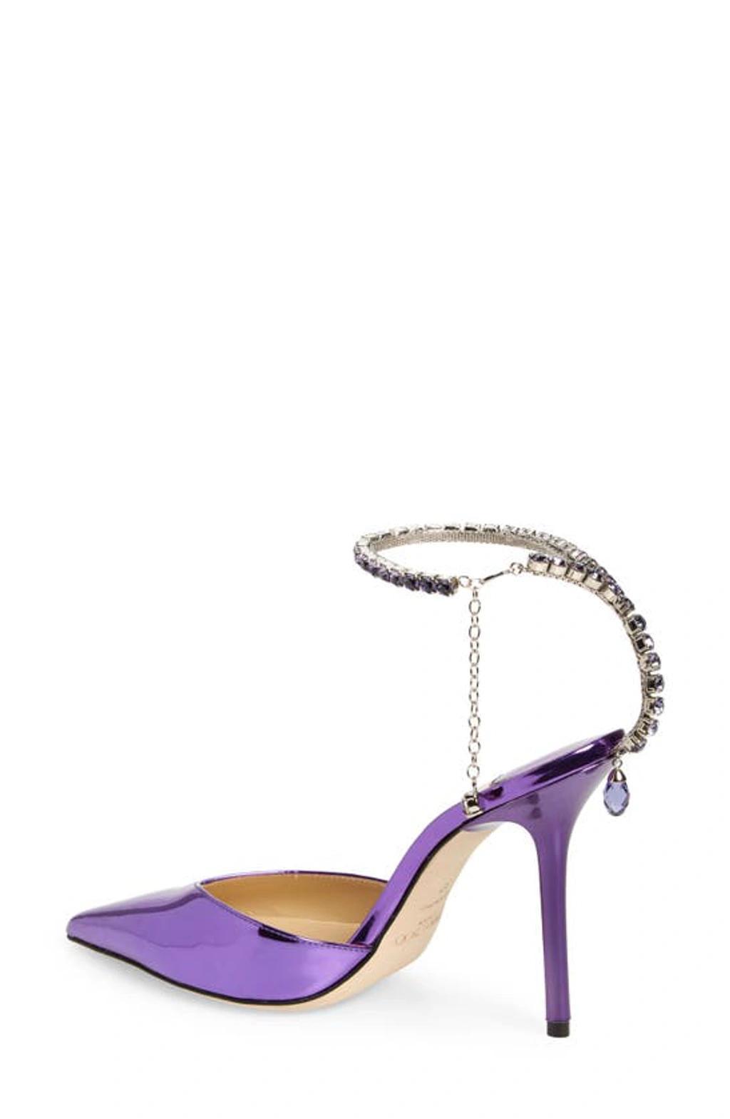 JIMMY CHOO Saeda Crystal Ankle Strap Pointed Toe Pump In Cassis Product Image