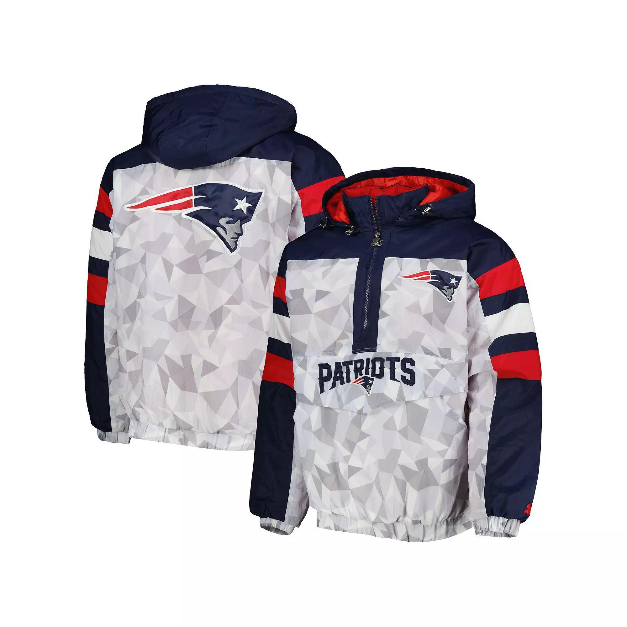 Men's Starter White/Navy New England Patriots Thursday Night Gridiron Raglan Half-Zip Hooded Jacket, Size: Large Product Image