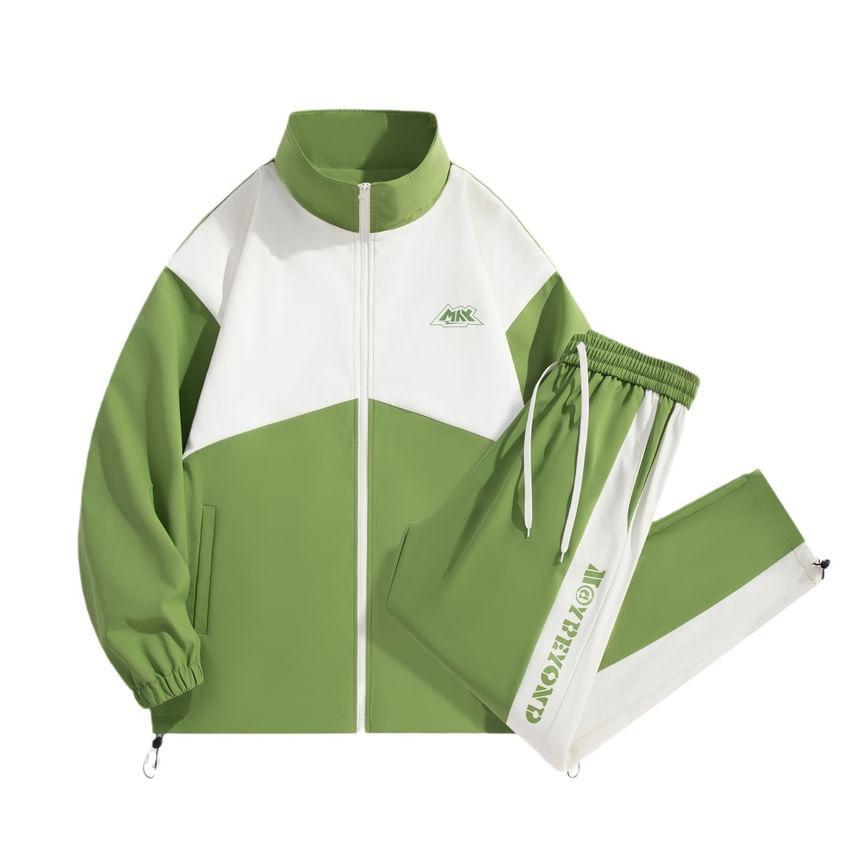 Set: Stand Collar Two Tone Zip Jacket + Mid Rise Lettering Sweatpants Product Image